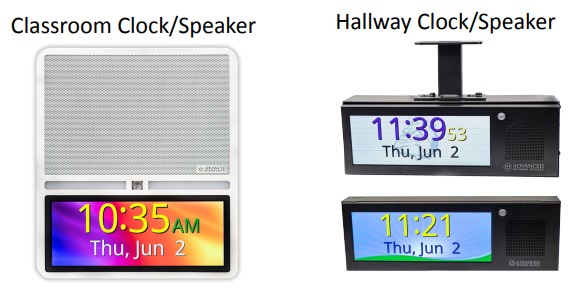  Images of the clocks and speakers the district is proposing